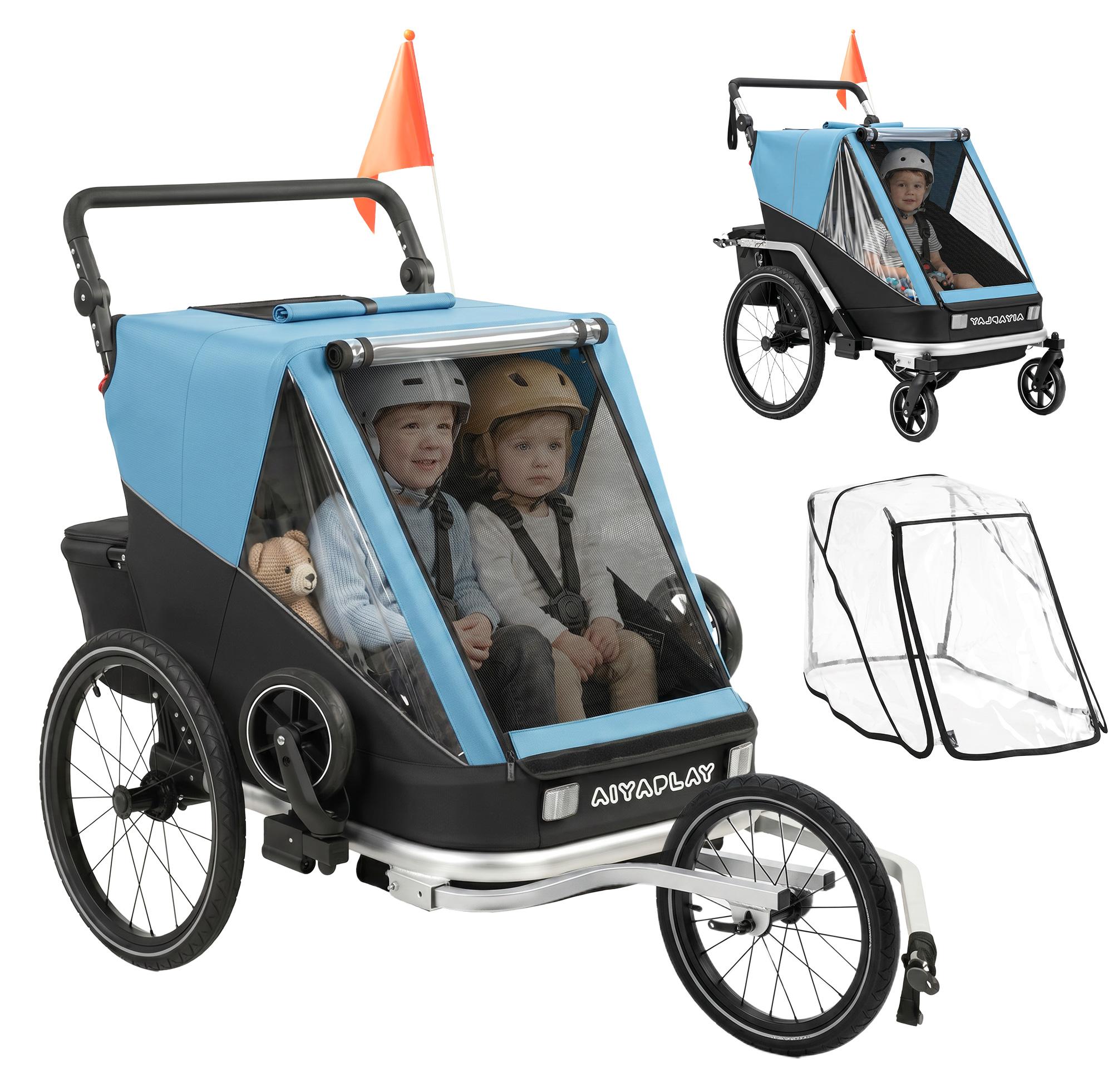 Fahrradanhänger für Kinder, 2-Sitzer, 2-in-1 faltbarer Kinderfahrradanhänger mit verstellbarem Sitz und Gurten, Blau