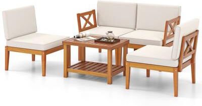 Costway 5 Pieces Acacia Wood Patio Furniture Set Outdoor Sectional Conversation Set with Cushions-Off White