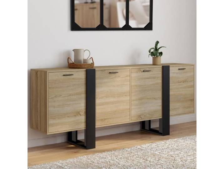ID MARKET buffet PHOENIX 4 portes 200 cm Loft bois et noir