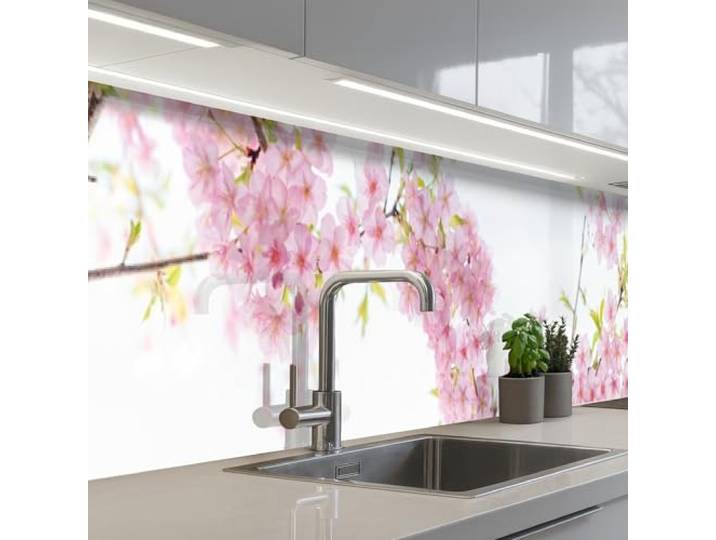 KitchenYeah© Spritzschutz Küche Küchen Rückwand Küchendeko Wand Wandschutz 60x500 cm - Selbstklebend Backsplash Kitchen Peel And Stick Kirschblüte - Rosa - Blumen - Sakura - Natur