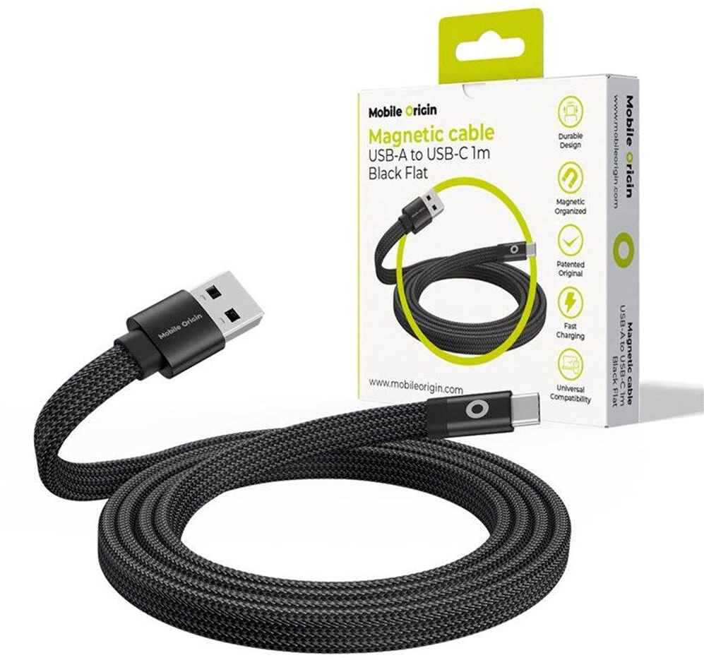 Mobile Origin - 1m Fladt Magnetisk USB-A til USB-C Kabel - Sort