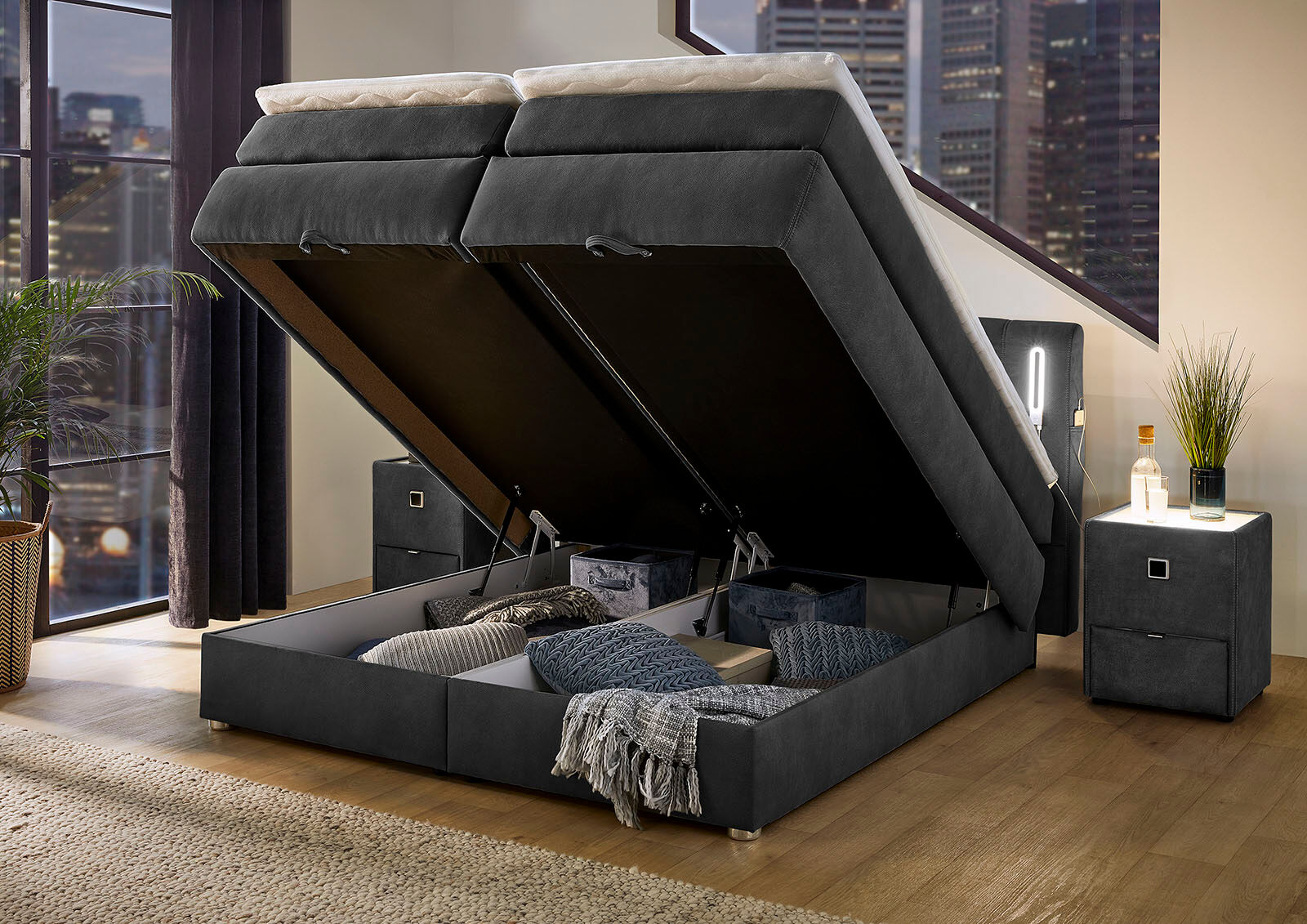 Boxspringbett JOCKENHÖFER GRUPPE "Kati erhältlich in der Grösse 180x200cm", grau (dunkelgrau 415, 09), B:191cm L:215cm, Bezug Bett: Mictrofaser (100% Polyester);Topper und Matratzenspiegel: 100% Polyester, Komplettbetten, Boxspringbett, Höhenverstellbares