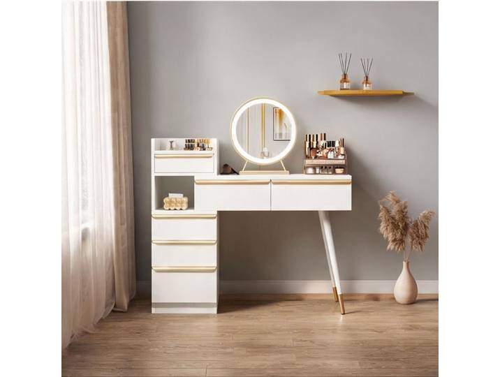 Coiffeuse blanche avec plateau extensible et 6 tiroirs miroir LED dimmable style contemporain