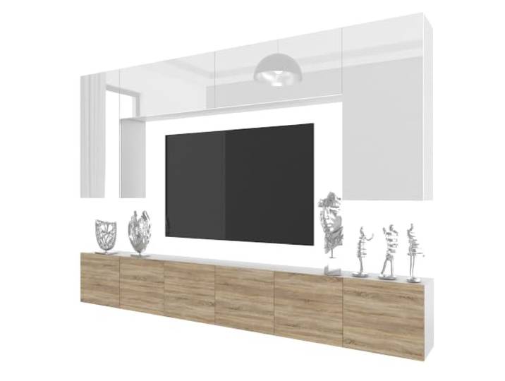 Belini Milano 2 Wohnwand Schrankwand TV-Schrank 300cm Weiß/Sonoma Eiche Wohnwand mit grifflosem System, weiße Korpusse, DECOR ECONATURA kratzfest, Gasliftsystem, Wandmontage, Anbauwand, TV-Möbel