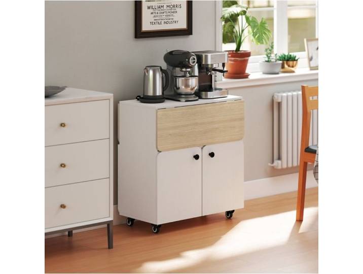 Table pliante roulante AESVAR avec 2 abattants rangements et 4 roulettes blanc et bois naturel
