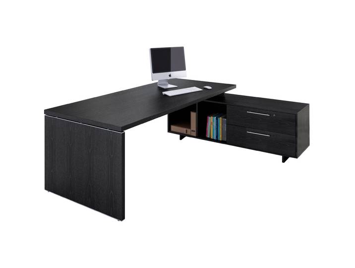 Bureau de direction Flore avec retour suspendu - L.225 x P.170 cm - Plateau Frêne noir - Pieds panneaux