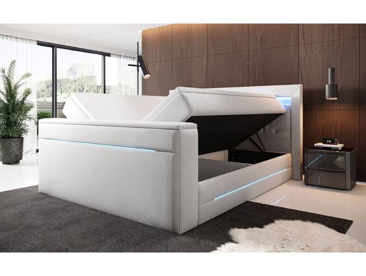 Boxspringbett Pluto mit TV Lift, RGB und Stauraum - 180x200 - Weiß - H4 (100kg+) - Luxusbetten24