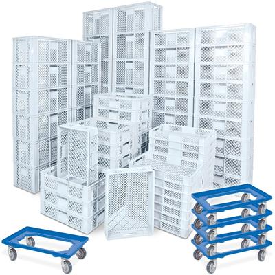 BRB 78 Stück Stapelkörbe/Bäckerkästen in 5 Größen, Grundmaß LxB 600 x 400 mm, H 90 mm, 150 mm, 240 mm, 320 mm, 410 mm, Farbe weiß, blau