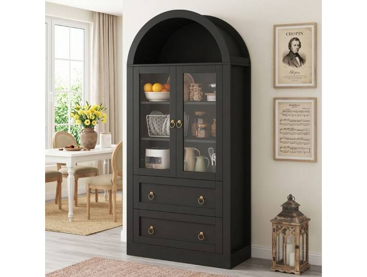 Buffet Vitrine en Métal avec Dôme Arrondi - Armoire Exposition 2 Portes Verre 2 tiroir Métal-Meuble de Rangement-Noir-80x36x170cm