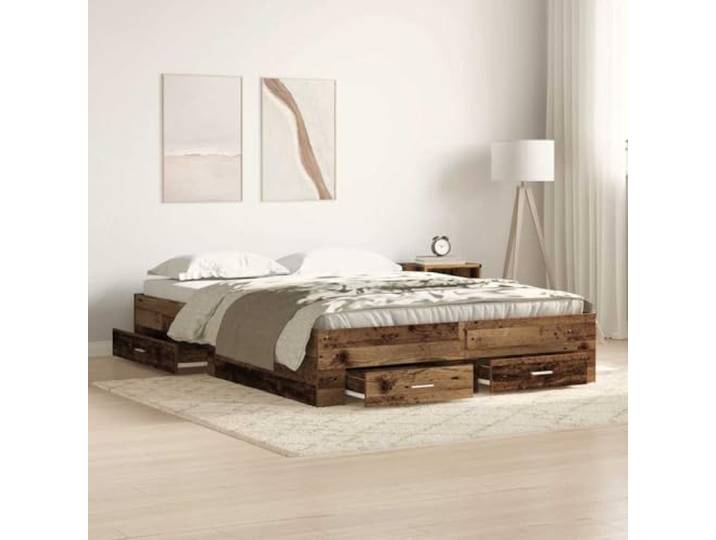 Rustikales Bettgestell mit Schubladen Stauraum 135 x 190 cm Braun Bettrahmen mit Schubladen Altholz 135x190 cm Holzwerkstoff Bettgestell mit Lattenrost Stauraum Bett Doppelbett