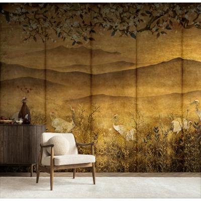 Fototapete LIVING WALLS "The Wall 4 Flowers – Goldene Berge mit Blüten und Vögeln Fototapete", braun, B:3,71m H:0m L:2,8m, Vinyl, Vlies, Tapeten, Goldene Berge mit Blüten und Vögeln – atmosphärischer Tiefe