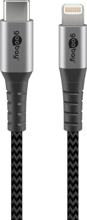 Goobay Lightning naar USB-C oplaad- en synchronisatiekabel, volledig metaal, zwart/grijs, 0,5 meter