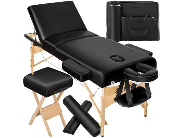 tectake® Massageliege klappbar, höhenverstellbar, Möbel und Zubehör für Massage, Tattoo oder Kosmetik, extra dick gepolstert, Zubehör 2 Lagerungsrollen, Hocker, Tasche, Aluminium Kopfstütze - schwarz