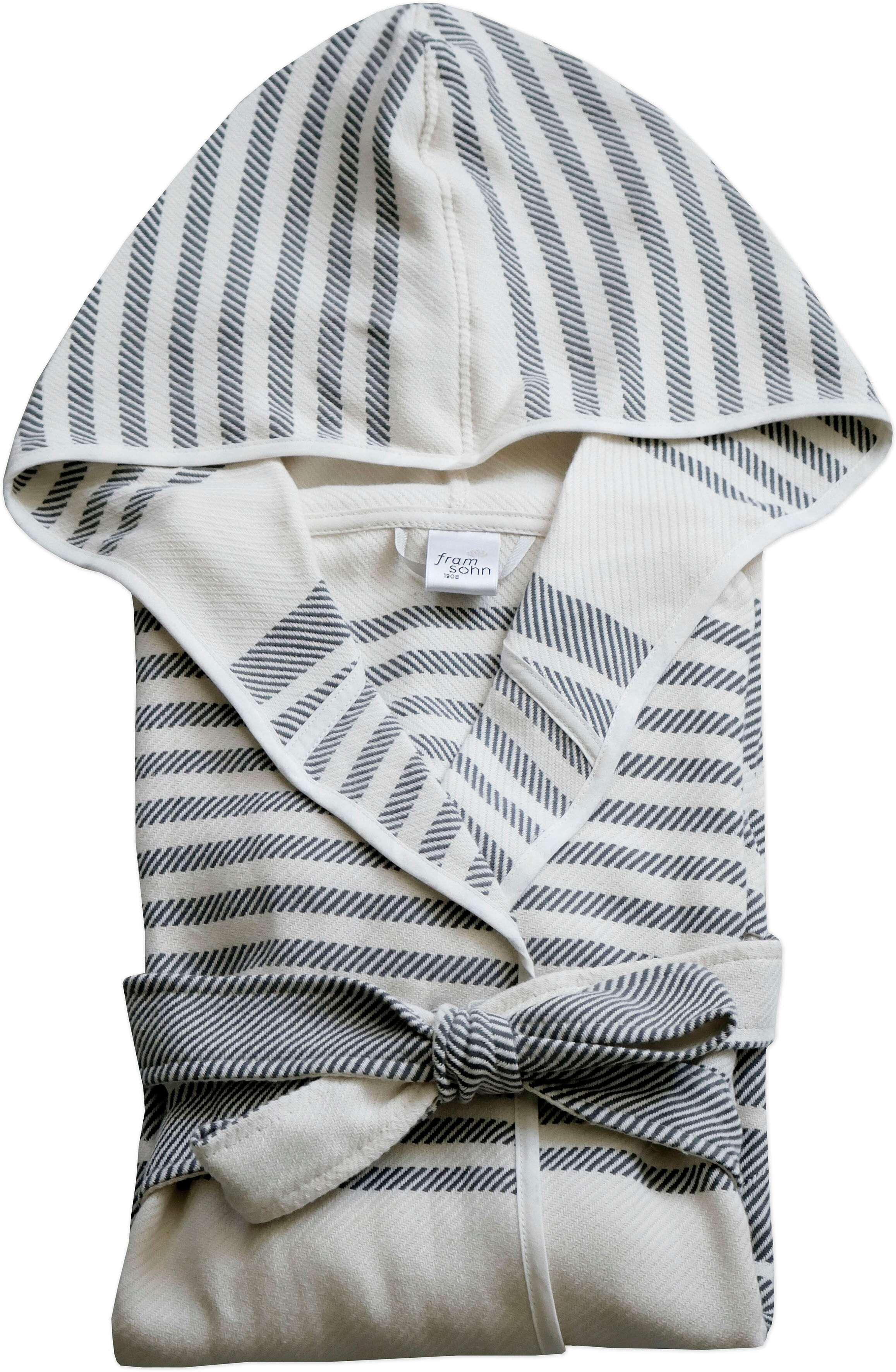 Damenbademantel FRAMSOHN FROTTIER "Boho Living Hamam Bademantel" Gr. S, grau, L:100cm, Baumwolle, Hausmäntel, Damenbademantel, trendige Streifenoptik, Reise, Sauna, Strand, Topseller