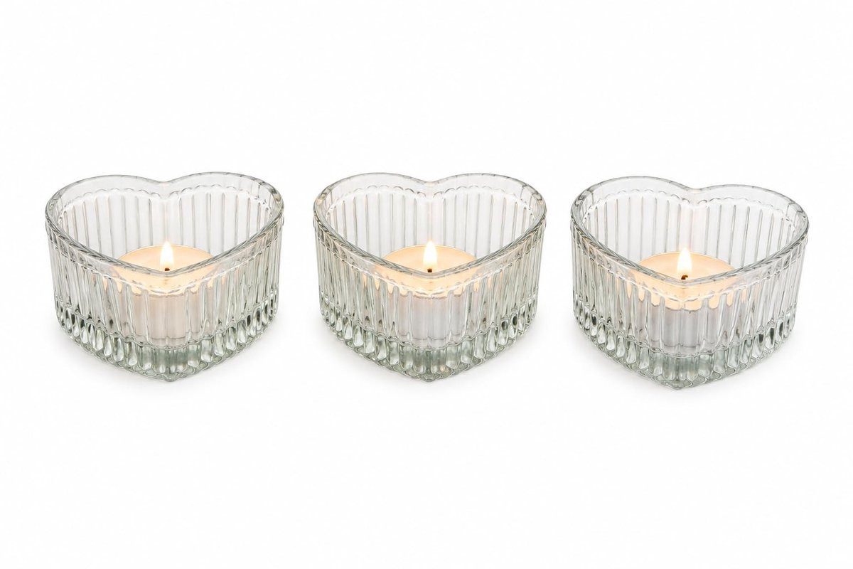 Set van 3 hartvormige theelichthouders van glas