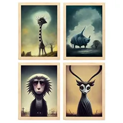 POSTER Set mit 4 Savanne Tier im T Burton Goth Stil A3 Rahmen aus hellem Holz