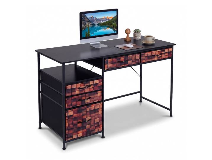 Computerbureau van 120 cm Bureau met Opbergruimte Plank Stoffen Lades Metalen Frame Antikantelbeugels-Bruin