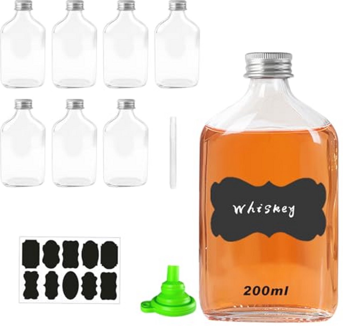Set van 8 glazen flessen van 200 ml met deksels en accessoires