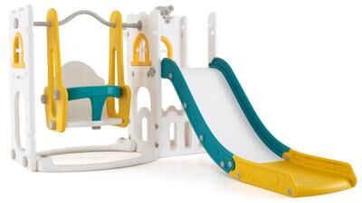Costway 7-in-1 Toddler Swing and Slide Set L-shaped with Ladder and Basketball Hoop-Yellow