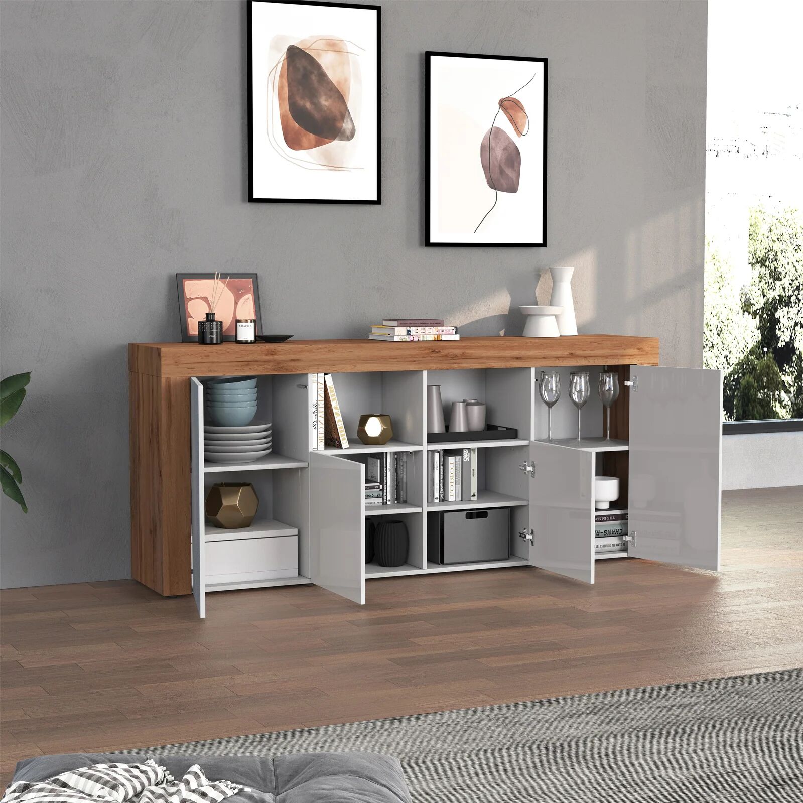 garneroarredamenti Madia moderna 200x85h cm bianco lucido rovere Block