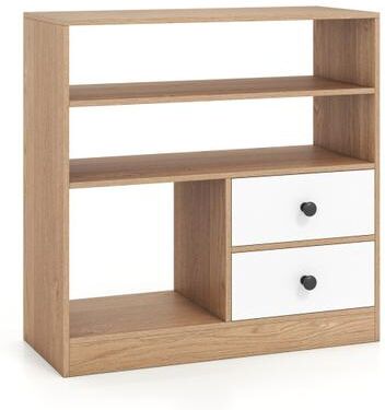 Costway Open Storage Cabinet with 3 Open Compartments and 2 Drawer-Natural