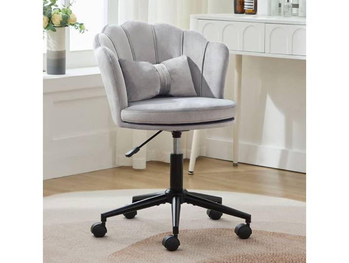 WUVRIE Chaise de bureau grise en velours réglable en hauteur pivotante 360° avec roulettes