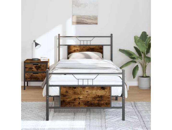 Bettgestell Räuchereiche 75x190 cm Holzwerkstoff Stahlrahmen Stabil, Kopf- und Fußteil, Stauraum unter dem Bett, Lattenrost Inklusive