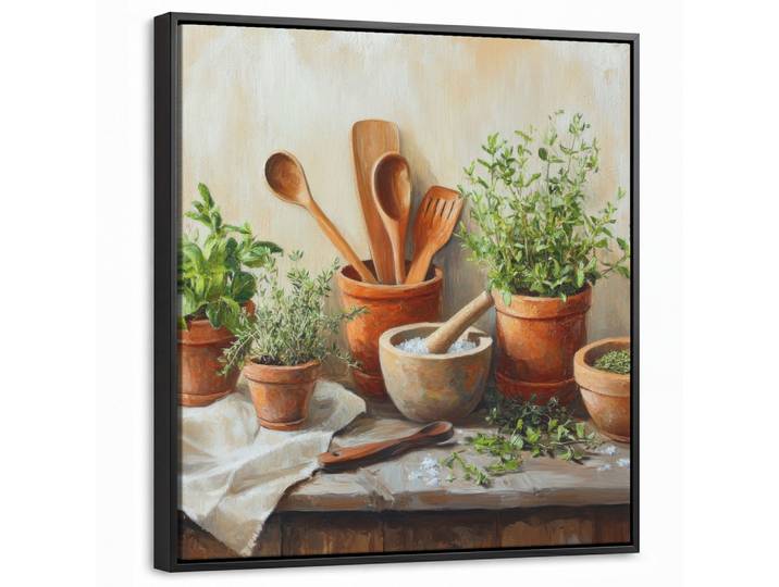 LEINWAND Bilder mit Rahmen - Töpfe - Kräuter - Holz - 50x50