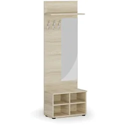 Garderobenwand HORIZONT, Schuhregal + Spiegel, 3 Haken, Ablage, Holzstruktur horizontal, Eiche natur