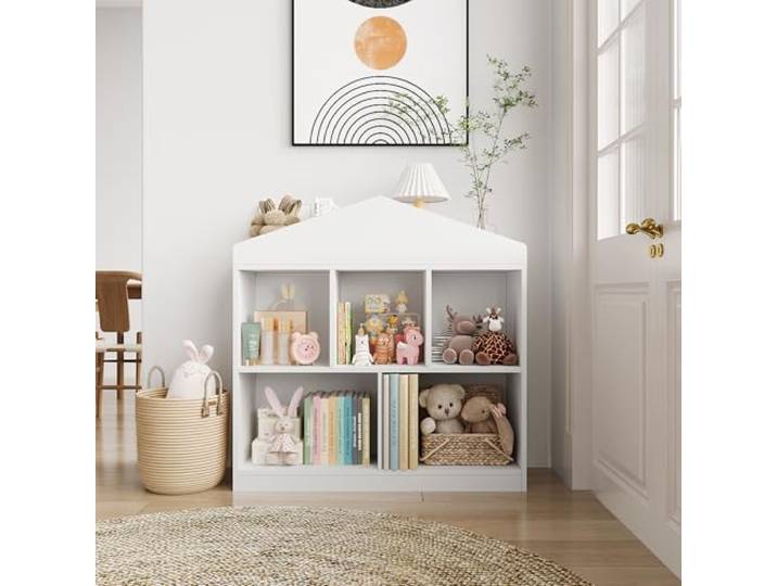 IDEALHOUSE Pädagogisch Kinderregal Holz, Kinder Bücherregal&Spielzeugregal Haus/Dachdesign, 5 offene Fächer/Würfel–freistehend mit Kippschutz–fürs Kinderzimmer/Kita
