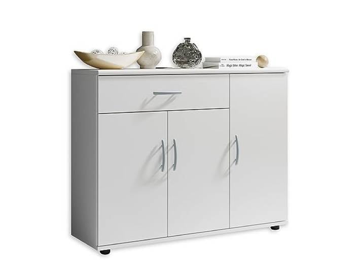 LILLY Sideboard Kommode in Weiß mit Schublade 90 x 70 x 30 cm (B/H/T) Zwei Türen, zwei Böden, ein Schubkasten, silberfarbene Stangengriffe, Wohnzimmer, Esszimmer und Flur