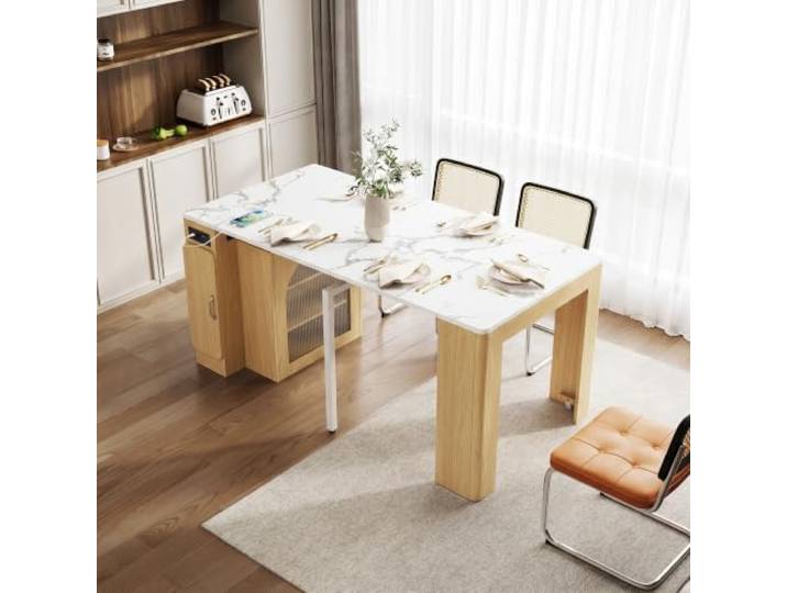 Kücheninsel mit Rollen, Ausziehbarer Esstisch mit abnehmbarer Tischplatte, Mobile Servierwagen mit Steckdosenleisten, dient als Anrichte, Sideboard oder Bartisch für Küche und Esszimmer (Natur)
