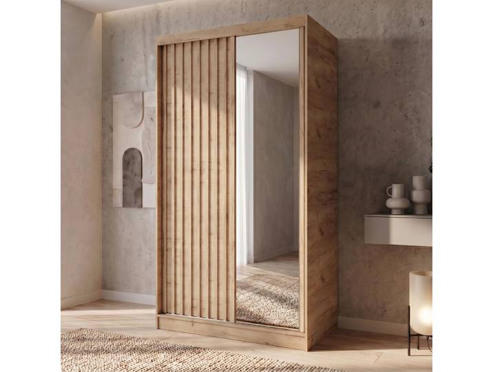 BEAUTYSOFA Kleiderschrank DONATELLO 120 cm Artisan/Artisan mit Spiegel und Lamellen Schwebetürenschrank modern