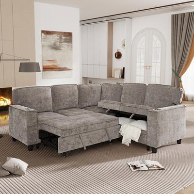 Loedds 81-Inch L-Shaped Chenille Sleeper Sofa with Storage USB Type-C and Cup Holders