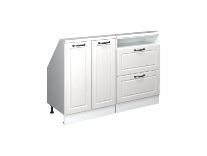 Vicco Küchenschrank für Dachschrägen R-Line, Weiß Landhaus, 120 cm MDF-Front · Tiefe 46 cm · Höhenverst. Füße · 2 Schubladen · 2 Türen