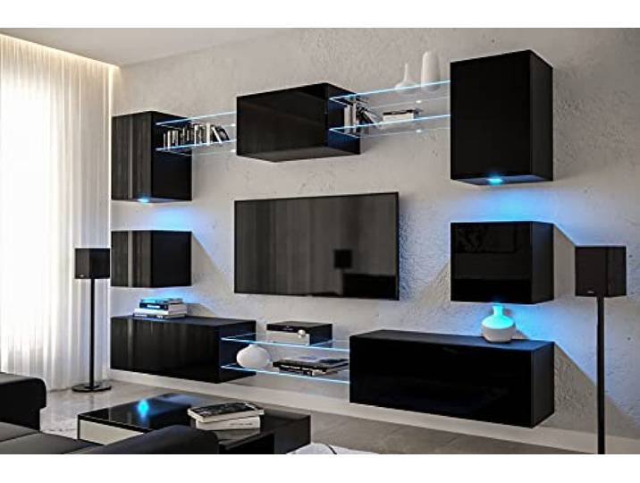 Furnitech Hängend Wohnwand Modern Wohnzimmer Schrankwand Mit Regale Und TV Schrank Möbel Ohne LED (Nowara AN1-17B-HG20-1A-NEW)