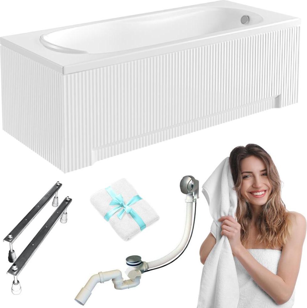 Aqua For You | Besco Bona Badewanne - 160x70cm - Antibakterielle Beschichtung - Automatischer Siphon - Ständer 5in1 - mit geriffelter Verkleidung