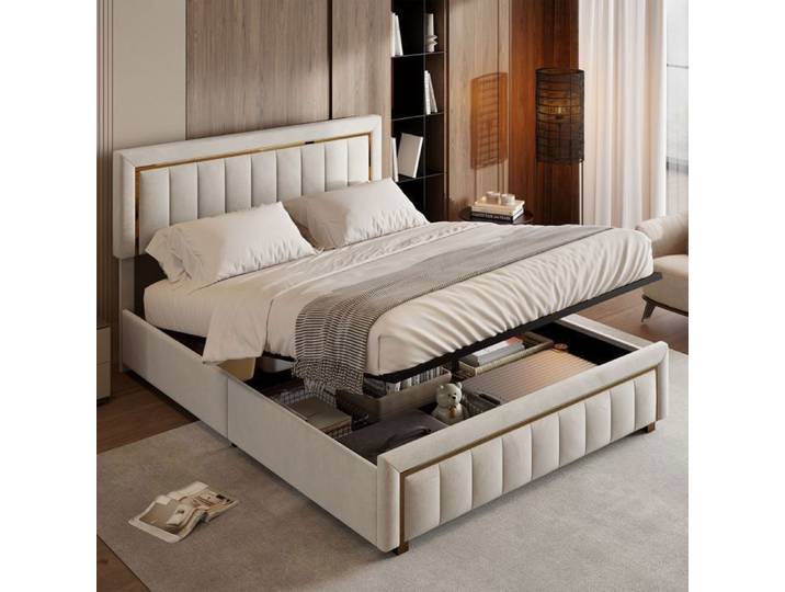 Lit coffre 140x200 cm - ADWOLT - Beige - Velours - Mécanisme hydraulique - Rangement sous le lit