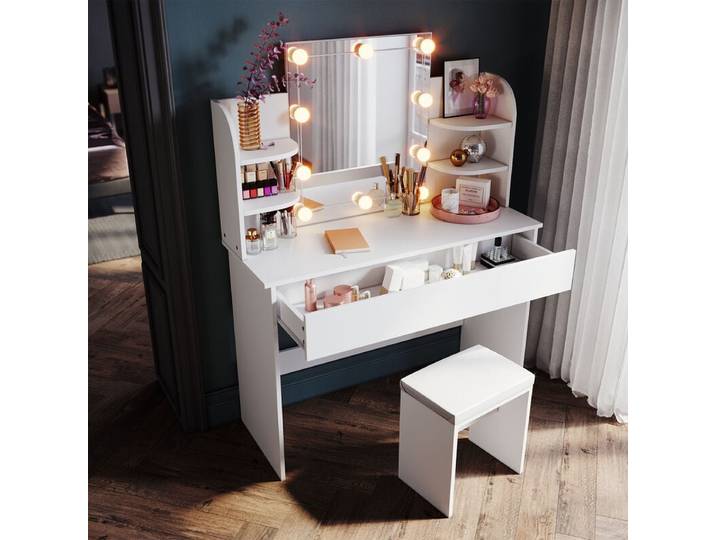 SIRHONA Coiffeuse Femme avec Miroir et Tabouret 108x40x140cm avec Tiroir Grand et 4 Étagères Blanc Table de Maquillage en Bois