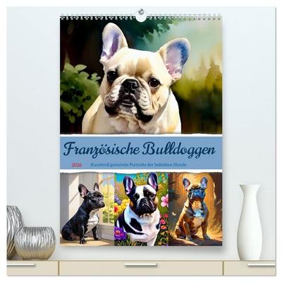 Französische Bulldoggen. Kunstvoll gestaltete Portraits (hochwertiger Premium Wandkalender 2026 DIN A2 hoch), Kunstdruck in Hochglanz