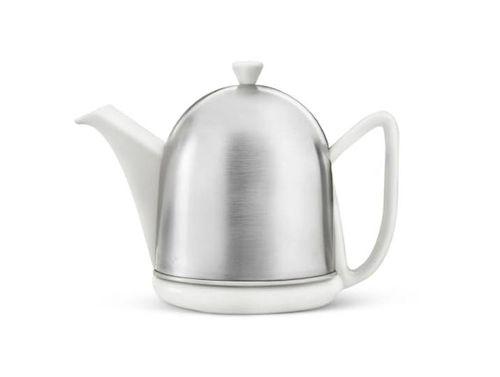 Bredemeijer kleine weiße matte Keramik Teekanne 1.0 Liter mit Edelstahlhaube