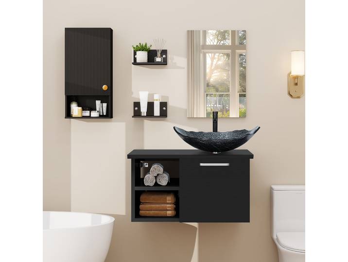 Puluomis Ensemble De Meuble-lavabo\, Meuble Mural - Vasque\, Meuble Mural À Rayures Noires\, Meuble-lavabo En Bois Noir - Avec Miroir\, Vasque -robinet\, Bassin De Gris Argenté En Forme Feuille\, Ensemble D