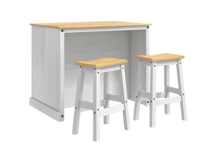 Xolmizyn Kücheninsel Set, Kiefernholz Servierwagen mit 2 Barhockern Weiß Massivholz-Konstruktion, Inklusive Sitzgelegenheiten, Vielseitiger Stauraum