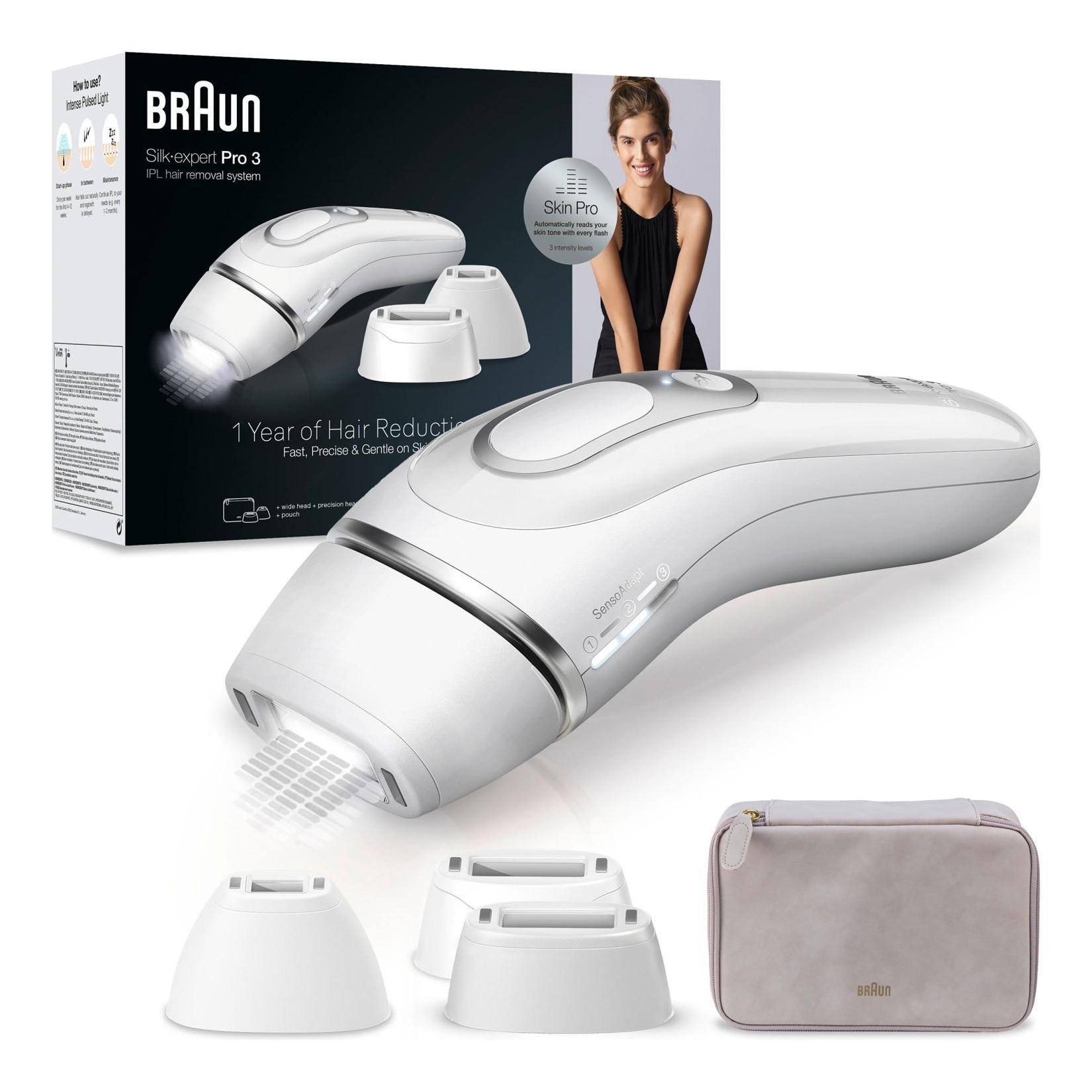 BRAUN IPL Haarentferner IPL Silk·expert Pro 3 PL3230 (SkinPro 2.0 (SensoAdaptTM), automatische Hautton-Anpassung, bis zu 100 Lichtimpulse pro Minute, Sensitiv-Modus, Aufbewahrungstasche, Standard-, Präzisions- und breiter Aufsatz)