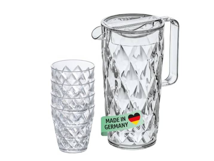 Koziol Superglas CRYSTAL PITCHER Set\, 1\,5?L + 4 verres (250?ml)\, carafe avec couvercle en plastique transparent effet cristal\, luxueuse\, empilable\, compatible lave-vaisselle\, pour garden et camping