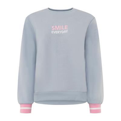 Sweatshirt ZWILLINGSHERZ "SMILE", Damen, Gr. L, blau (hellblau), Obermaterial: 50% Baumwolle, 50% Polyester, Sweatshirts Sweatshirt, Mini Me Style, gestreifte Bündchen, Smile Print vorne und am Rücken