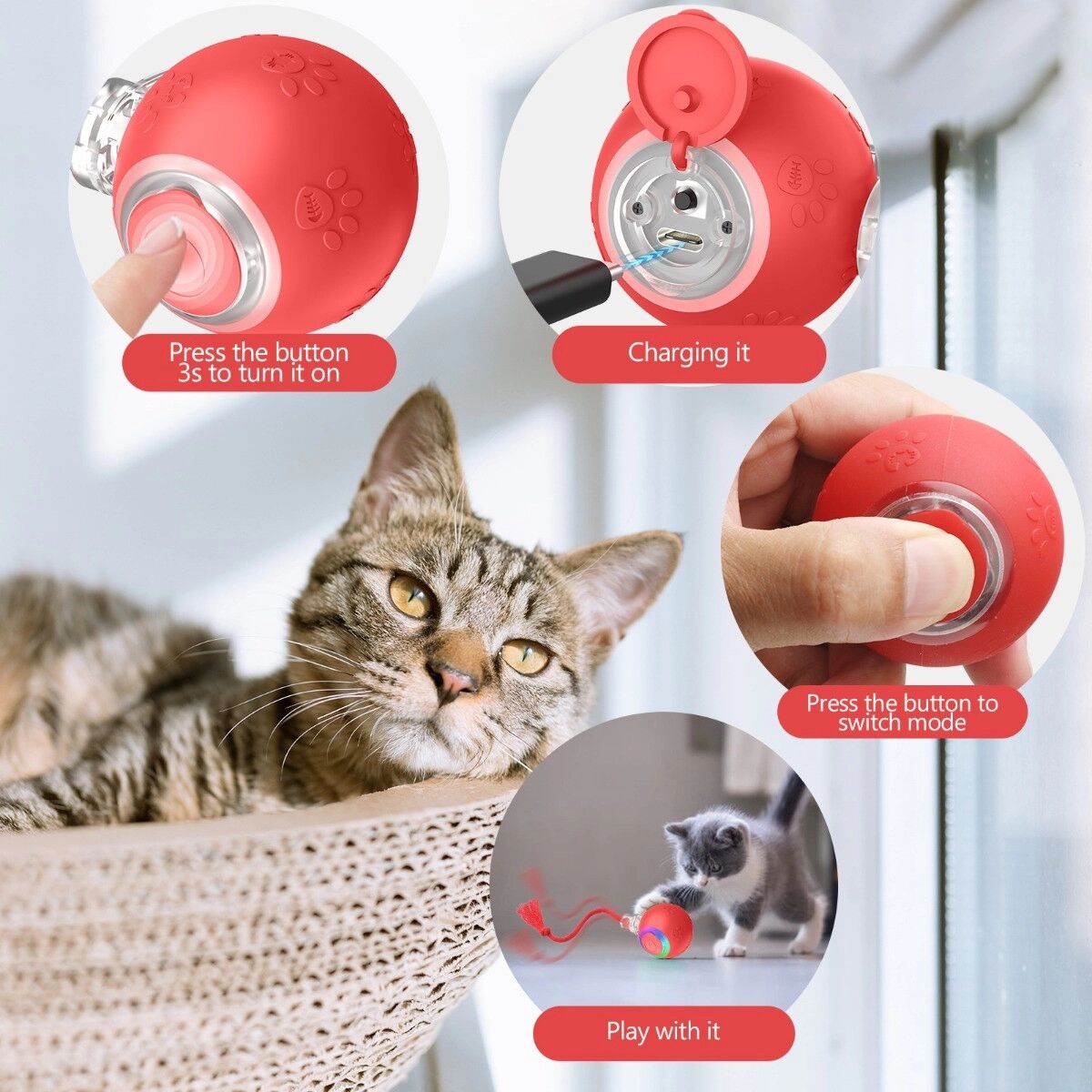 INF Intelligenter elektrischer Hundeball mit automatischer Bewegung, abwaschbarem TPU und interaktiver Aktivierung Rot