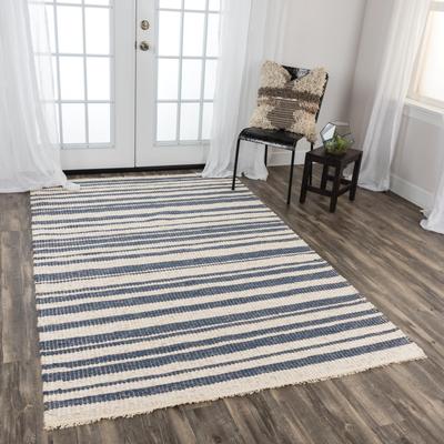 Alora Decor Sun Ivory and Blue Striped Hand-woven Wool Blend Rug