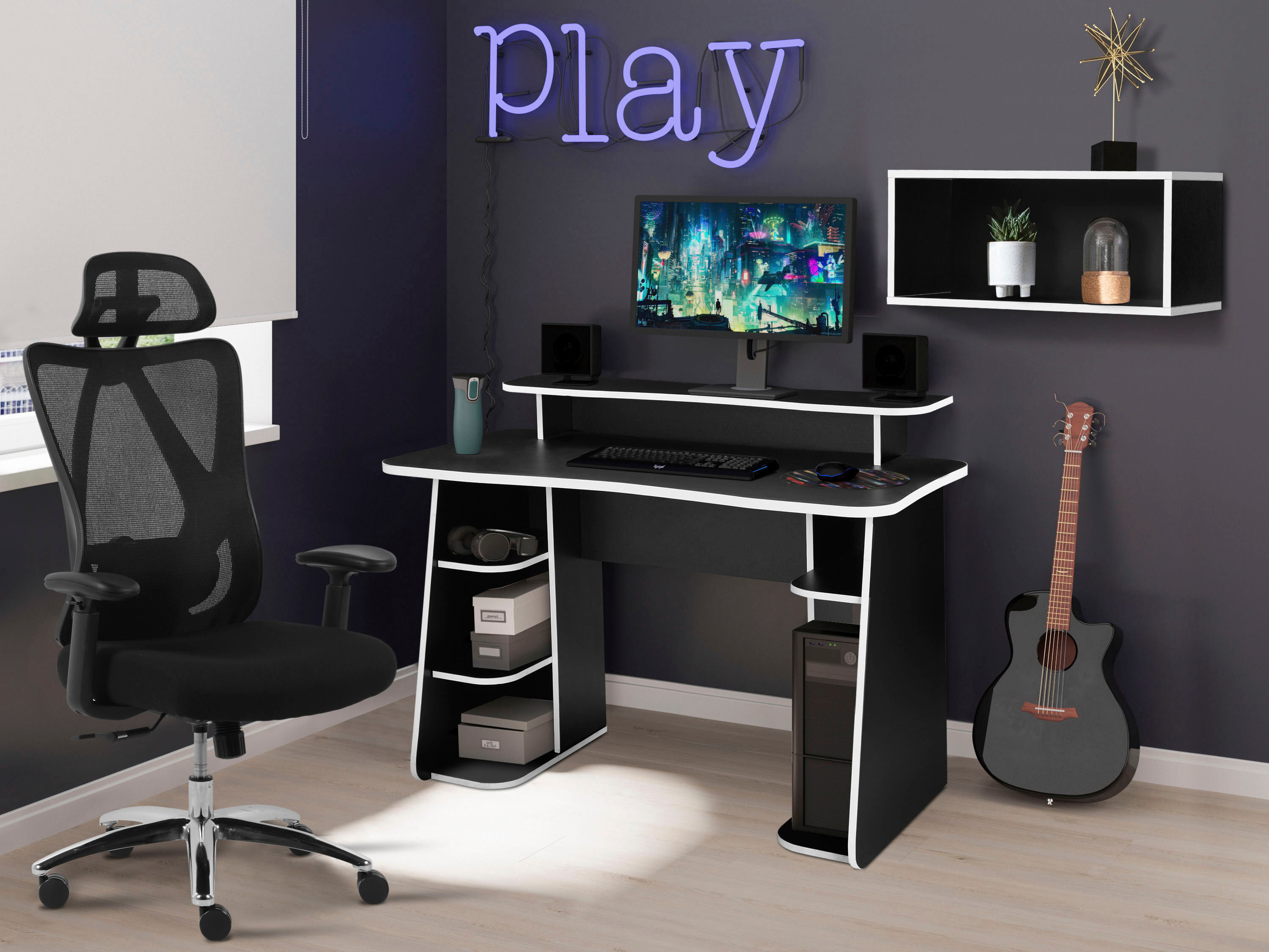 Gamingtisch GOODPRODUCT "GAME, Computertisch, Schreibtisch, Towerfach, Monitoraufsatz", schwarz (schwarz, schwarz, schwarz), B:120cm H:89cm T:60cm, Tische, Gamingtisch, ergonomisch geschwungene Tischplatte, Breite 120 oder 150 cm schwarz, schwarz, schwarz