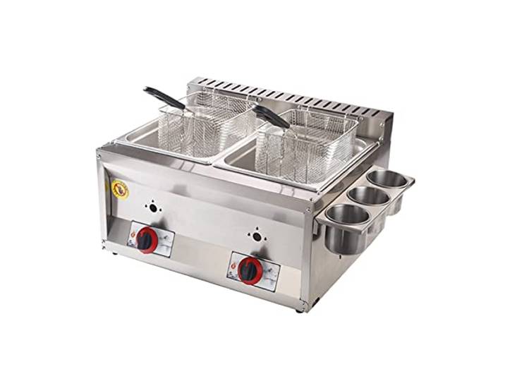 Professionelle Gasfritteuse mit Doppelzylinder, 20 l, Edelstahl, mit Sieb für die kommerzielle Küche im Restauranthause.